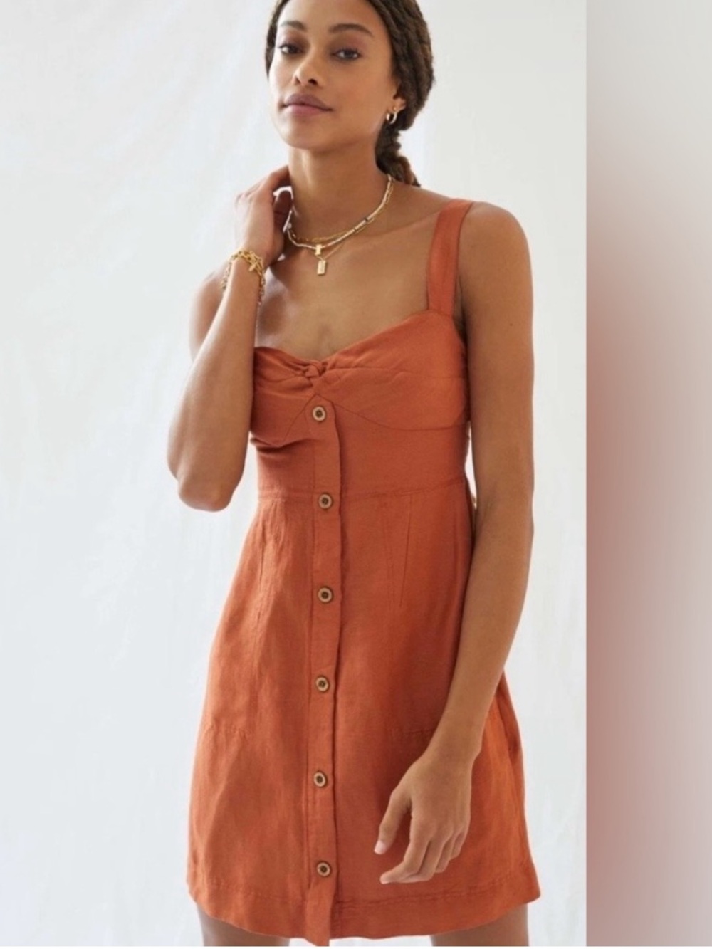 Anthropologie Rust Tie-Back Button Mini Dress Size XS